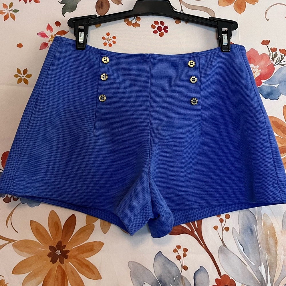Zara XS Nautical Sailor Stretch HighWaist Gold Button Blue Preppy Coastal Shorts